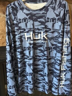 Huk Blue and Navy Camo Long Sleeve Performance Shirt
